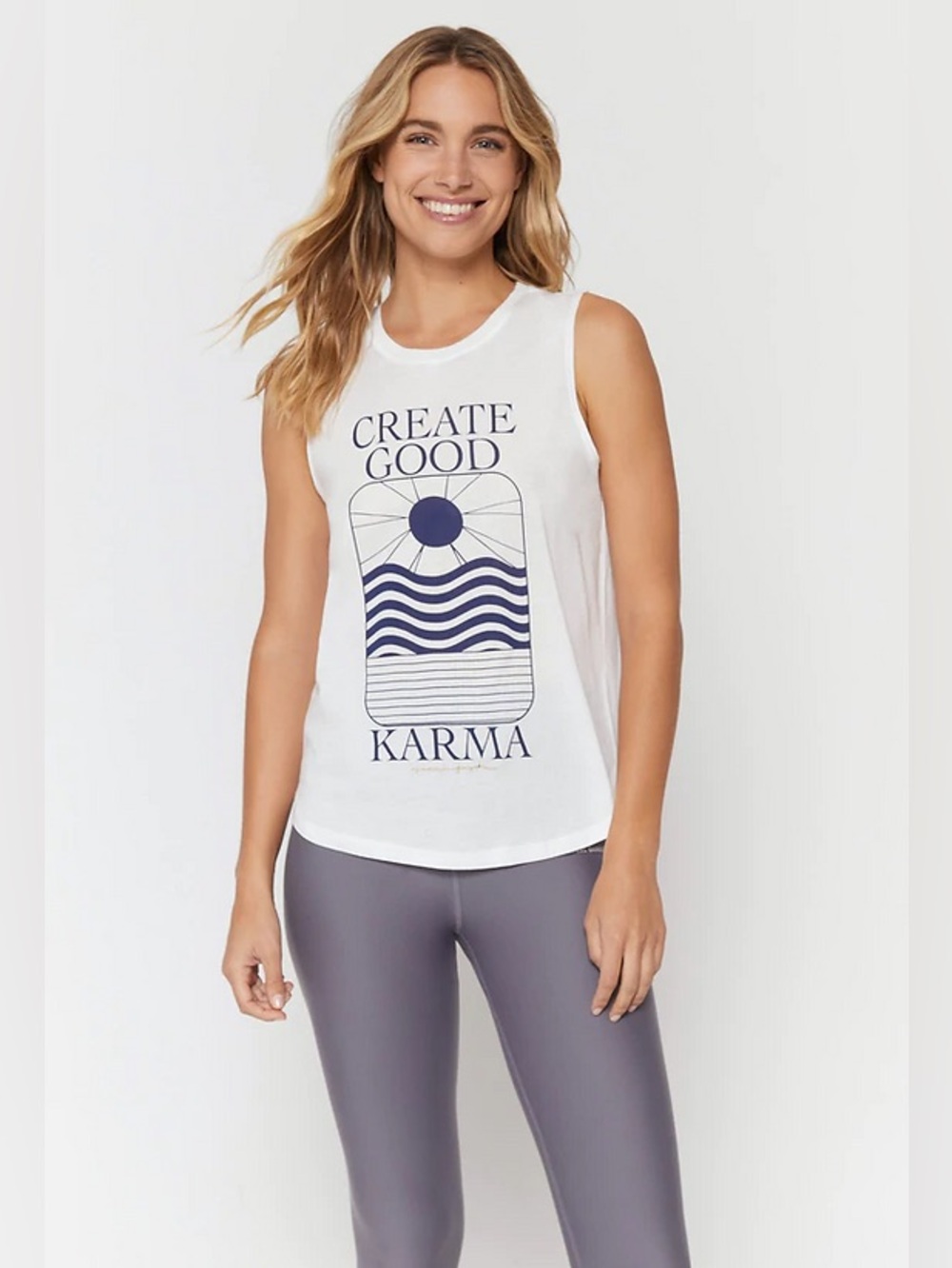 Spiritual Gangster Create Good Karma Vibe Cotton White Tank Graphic Muscle Tee